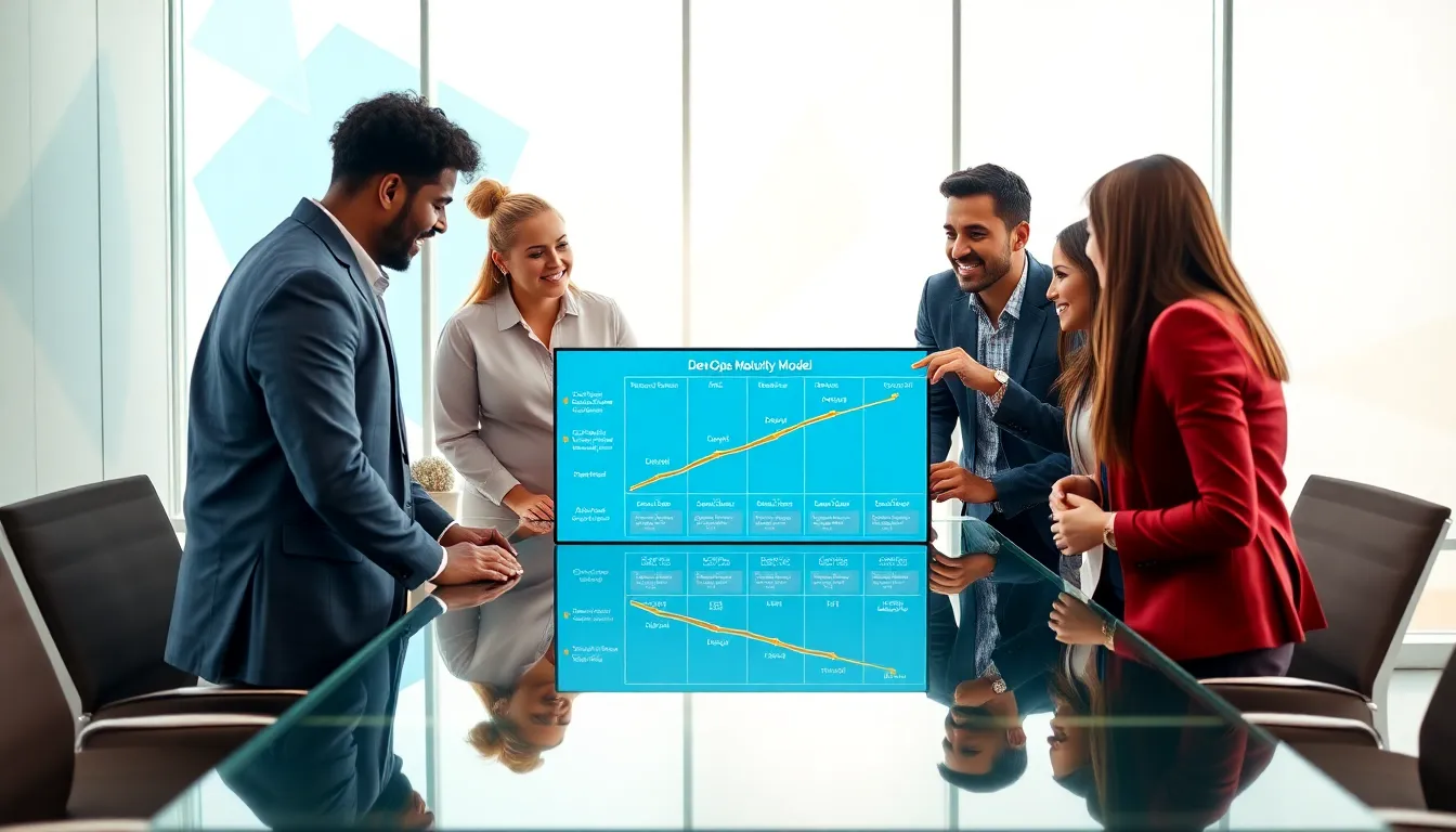 diverse team analyzing the DevOps Maturity Model in a modern office.