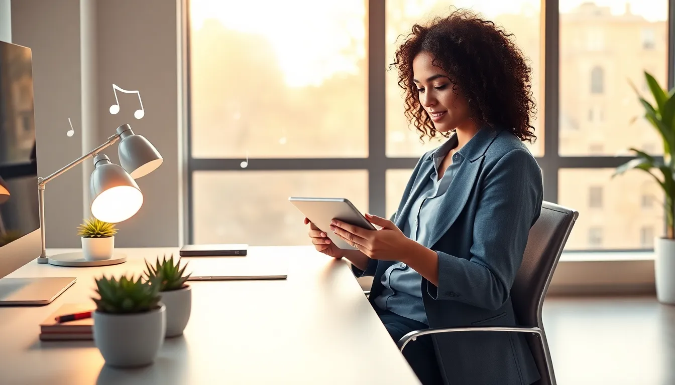 young woman listening to music offline in a modern workspace.